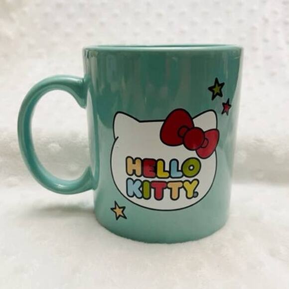 Hello Kitty Stars & Rainbow Letters 14oz Teal Ceramic Coffee Mug- NEW - Picture 2 of 6